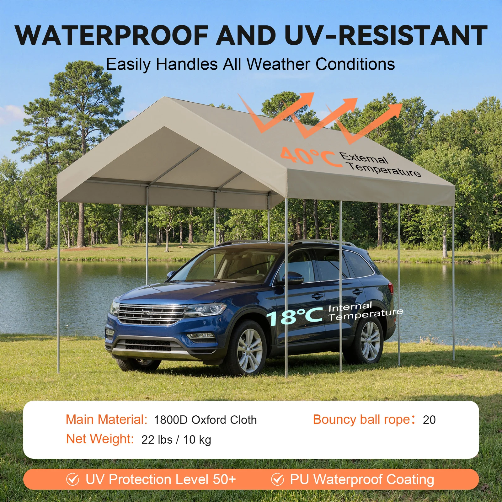 1800D Oxford Carport Ersatz-Überdachung für Auto-Garagenzelt Partyzelt mit Bungee-Bändern Beige Nur Oberabdeckung Image