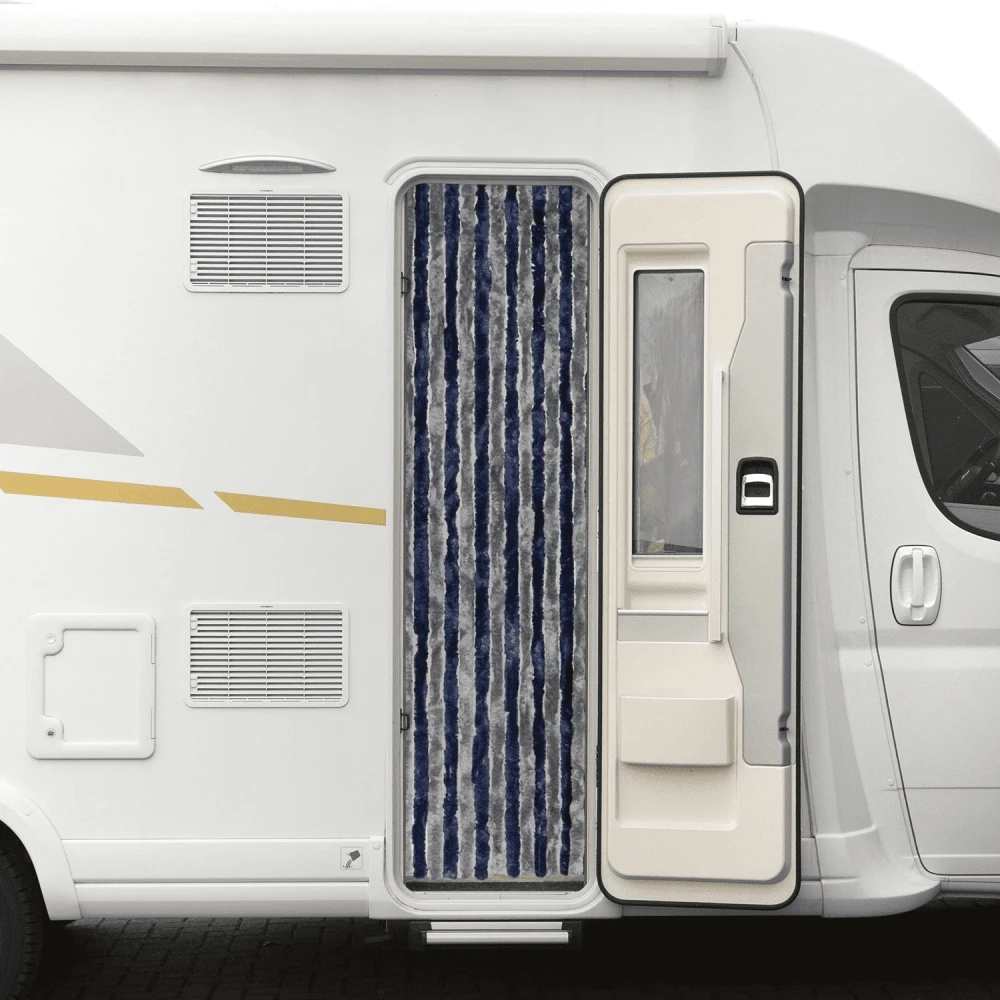 1 Stück Deluxe Kunstfell-Vorhang für Wohnwagen-Eingangstür, Blau & Grau, 56 x 185 cm, Wohnwagen- und Wohnmobil-Zubehör