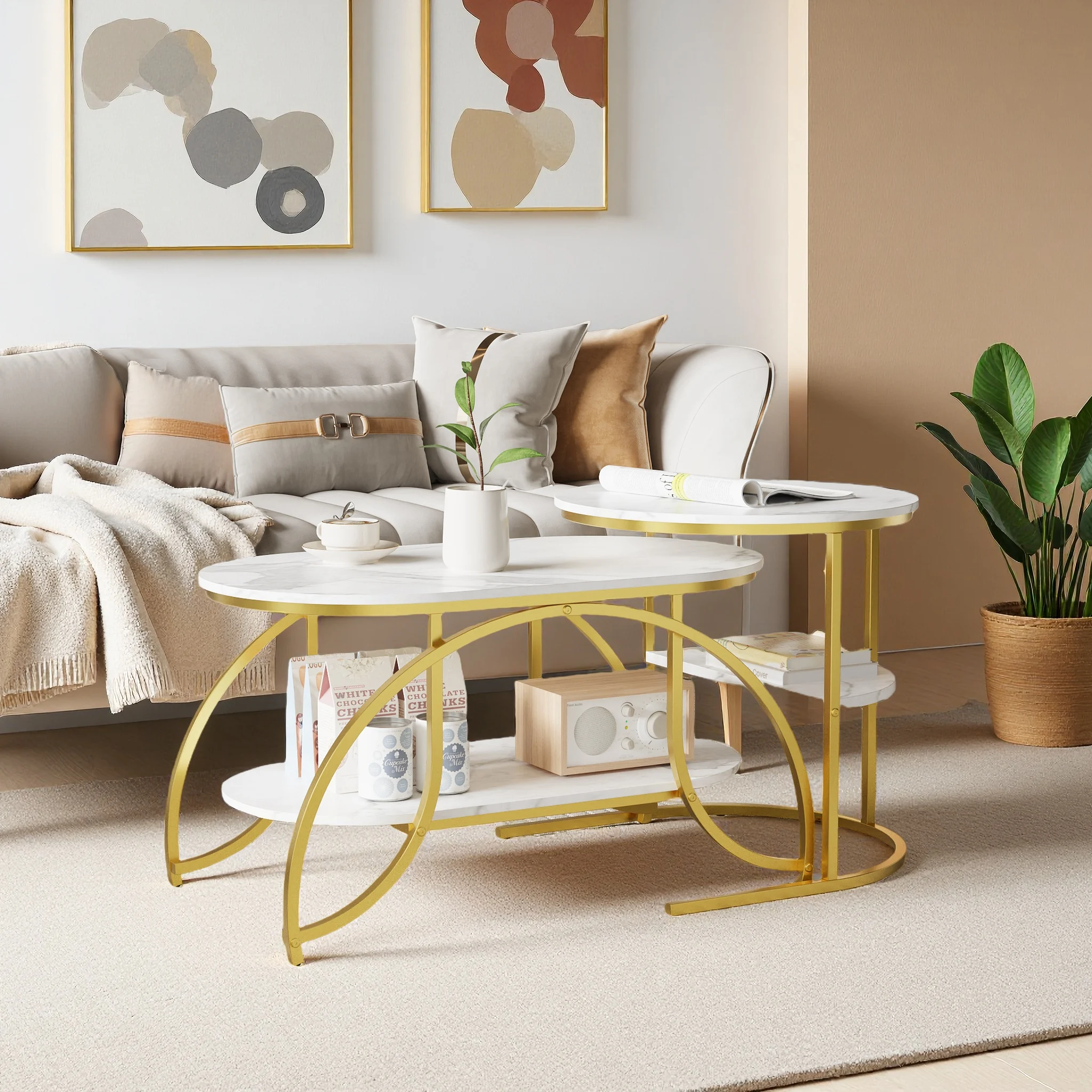 Anajqaqia Couchtisch, Beistelltische, Sofatisch mit Metallgestell und Ablage, Marmoroptik, Wohnzimmertisch