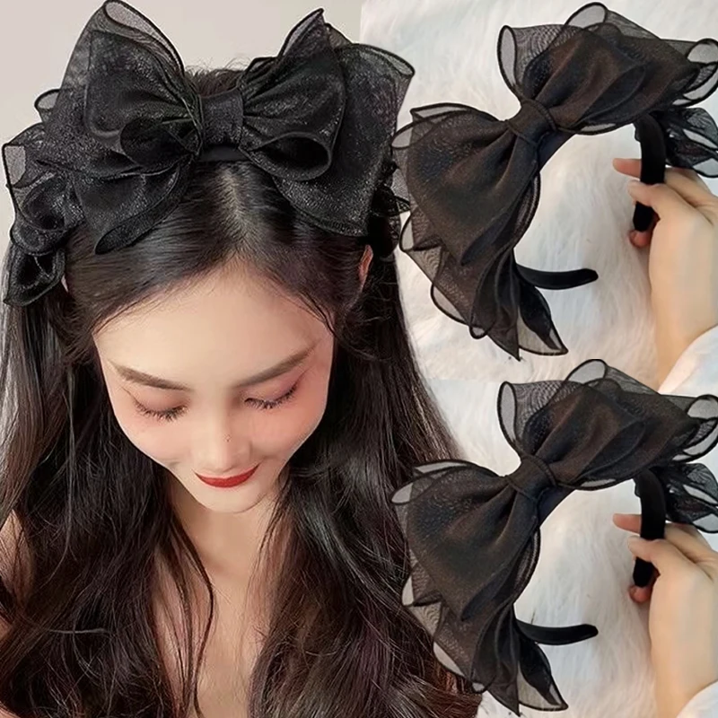 Retro Schwarz Bogen Mesh Haarband Frauen Koreanischen Stil Haar Zubehör Mode Süße Bowknot Stirnband Elegante Party Haar Hoop Image
