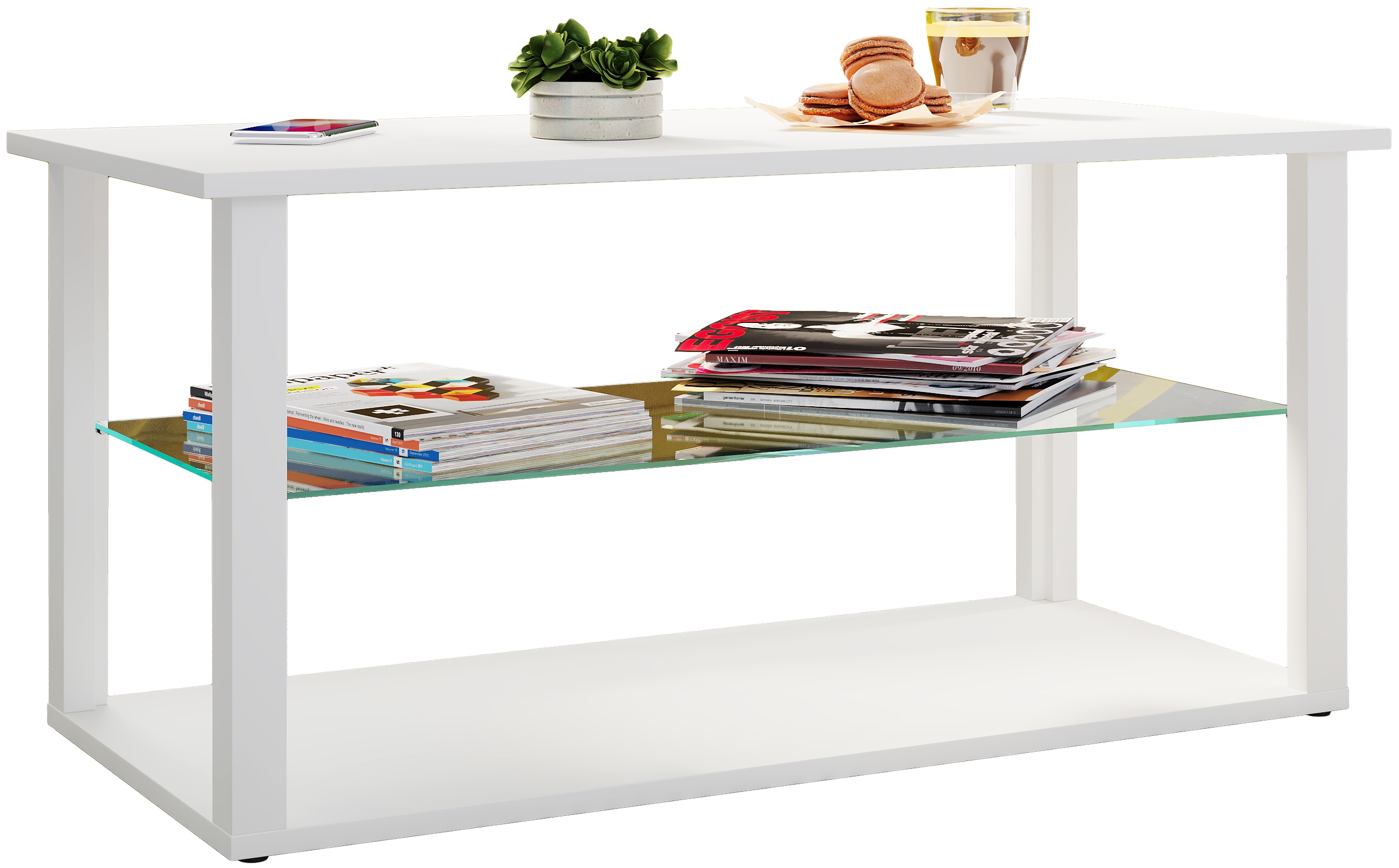 Couchtisch VCM "Holz Sofatisch Couchtisch Glas Tisch Wanilo L", weiß, B:95cm T:45cm, Tische, Eckige Couchtische Couchtisch