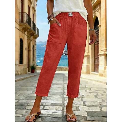 Damen Hose aus Baumwollleinen Sommerhose Abgeschnittene Hose Strandhose Urlaub Klassisch Knöchellang Mittlere Taille Tasche Baggy Elastisches Kordelzugdesign Komfort Atmungsaktivität Weich Image