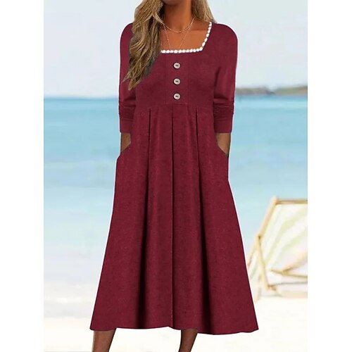 Damen Midikleid Weißes Kleid Strandkleid Freizeitkleid Elegant Mode Modern Outdoor Urlaub Ausgehen Normale Passform Einfach Langarm Quadrathals Schwarz Weiß Burgunderrot Marineblau Sommer Frühling Image