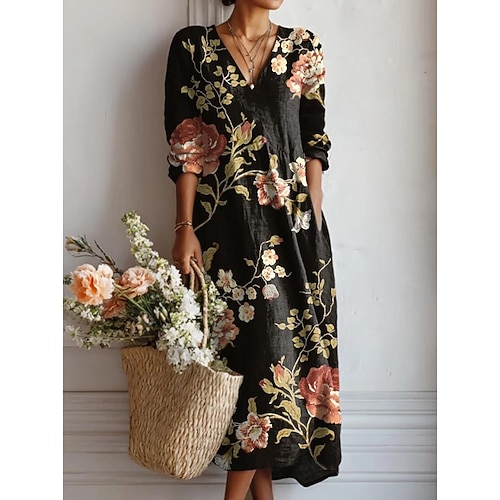 Damen Midi Kleid Leinenähnliches Maxikleid Shift Kleid Casual Party Feiertag Lockerer Sitz Floral Grafik Langarm V-Ausschnitt Schwarz Rosa Grün Sommer Frühling Image