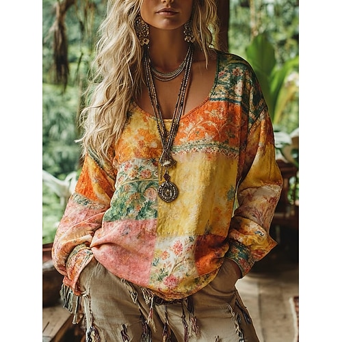 Damen Boho-T-Shirt T Shirt T-Shirt Druck Blumen Vintage Ethnisch Lässig Langarm V Ausschnitt Normale Oberteile Täglich Wochenende Urlaubskleidung Orange Sommer Frühling Herbst Image