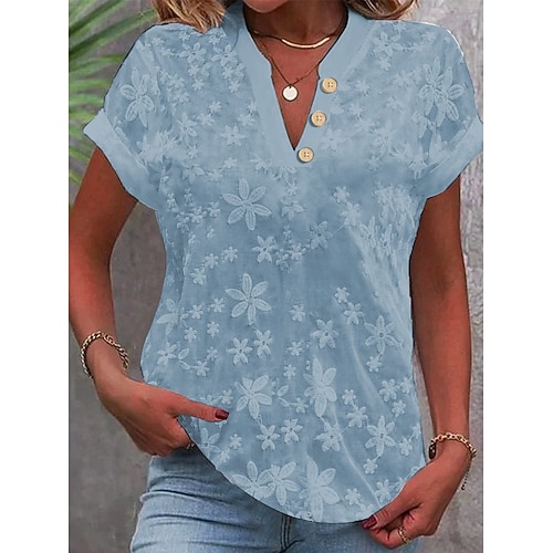 Damen Bluse Spitze Einfarbig Stilvoll Lässig Kurzarm V Ausschnitt Normale Oberteile Täglich Blau Schwarz Weiß Khaki Sommer Frühling Herbst Image