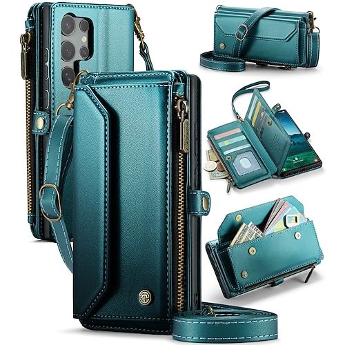 Handy Hülle Handyhüllen Für Samsung Galaxy S22 S21 Ultra Plus S20 A56 A36 A16 A55 5G A35 5G A25 A15 Brieftaschenhülle mit Trageriemen Mit Handgelenkschlaufe Ständer TPU PU-Leder Image