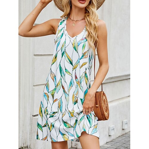 Damen Minikleid A Linie Kleid Unterkleid Urlaub Lässig Outdoor Ausgehen Normale Passform Blumen Grafik Farbblock Ärmellos V Ausschnitt Blau Meerblau Marineblau Gelb Sommer Frühling Image