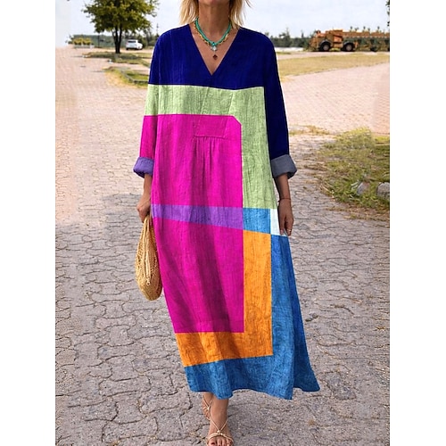 Damen Midi Kleid V-Ausschnitt Langarm Kaftan Leicht Lockerer Schnitt A-Linien Kleid Lässig Boho Ausgehen Grafisch Geometrisch Streifen Langarm V-Ausschnitt Orange Rot Schwarz Gelb Pink Image