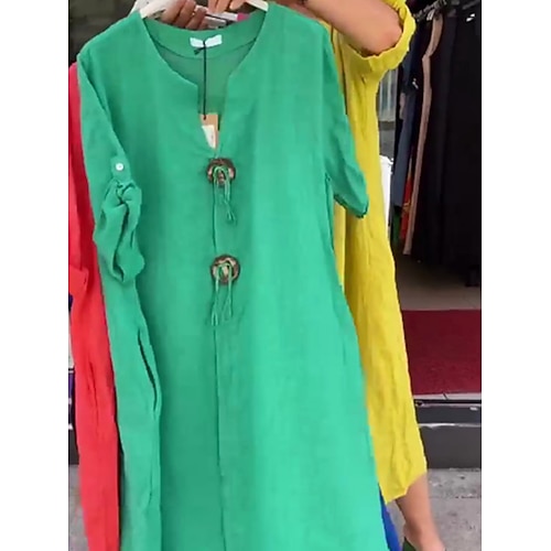 Damen Midikleid Freizeitkleid Baumwoll-Leinenkleid Elegant Mode Modern Outdoor Urlaub Ausgehen Normale Passform Einfach Kurzarm V Ausschnitt Blaugrün Schwarz Gelb Grün Sommer Frühling Image