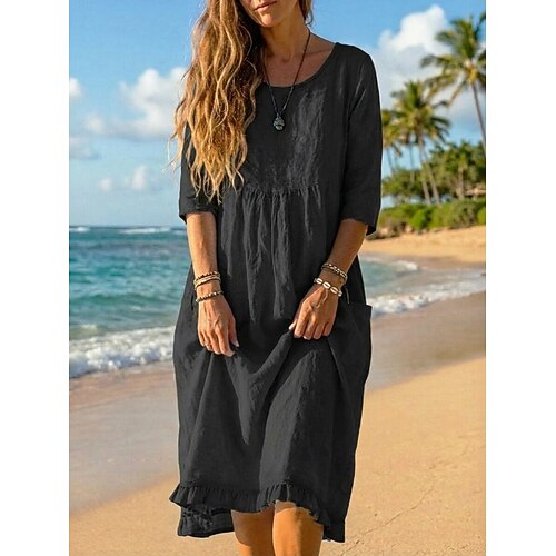 Damen Midikleid Kunstbaumwollleinen Strandkleid Freizeitkleid Sommerkleid Urlaub Basic Ferien Wochenende Lässiger Schnitt Einfach Dreiviertelarm Rundhalsausschnitt Blau Schwarz Grün Aprikose Sommer Image