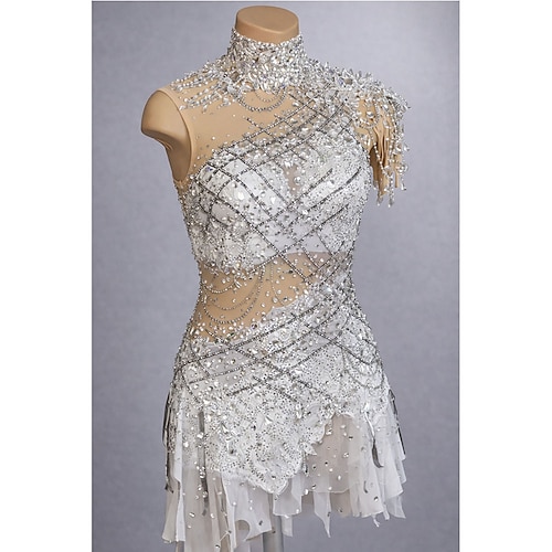 Eiskunstlaufkleid Damen Eislaufen Kleid Weiß Patchwork Offener Rücken Dehnbar Training Wettbewerb Eiskunstlaufkleidung Klassisch Kristall / Strass Ärmellos Eislaufen Eiskundstlauf Image