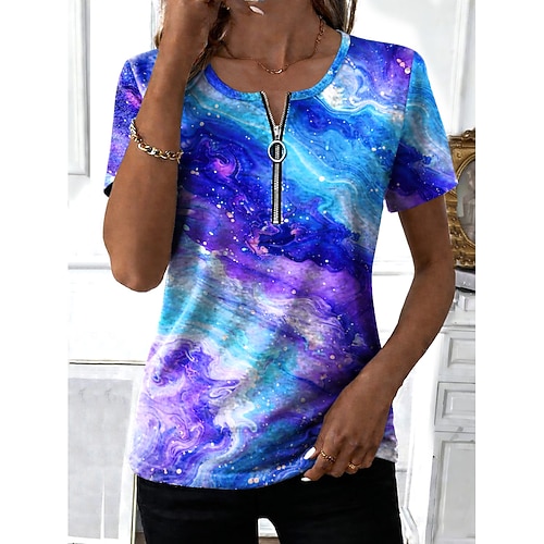Damen T Shirt Reißverschluss Viertel Postleitzahl Grafik Geometrisch Abstrakt Vintage Tropisch Hawaiianisch Kurzarm Rundhalsausschnitt Normale Oberteile Täglich Sport Ausgehen Blau Sommer Frühling Image