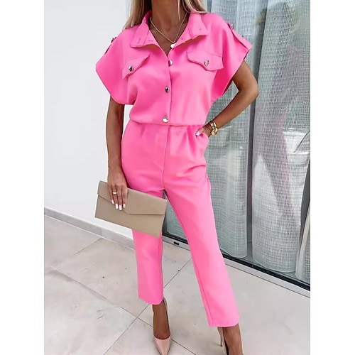 Damen Normal Overall Aktiv Einfarbig Kurzarm Hemdkragen Knöpfe Täglich Urlaub Normale Passform Schwarz Fuchsie Orange Sommer Image