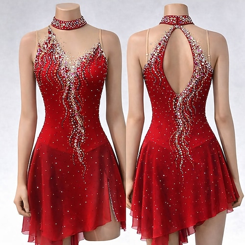 Eiskunstlaufkleid Damen Eislaufen Kleid Rot Patchwork Offener Rücken Dehnbar Training Wettbewerb Eiskunstlaufkleidung Klassisch Kristall / Strass Ärmellos Eislaufen Eiskundstlauf Image