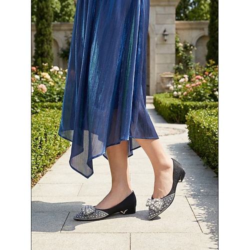 Damen Gartenhochzeit Perlen Blockabsatz Spitze Zehe Mode Satin Loafer Schwarz Champagner Image