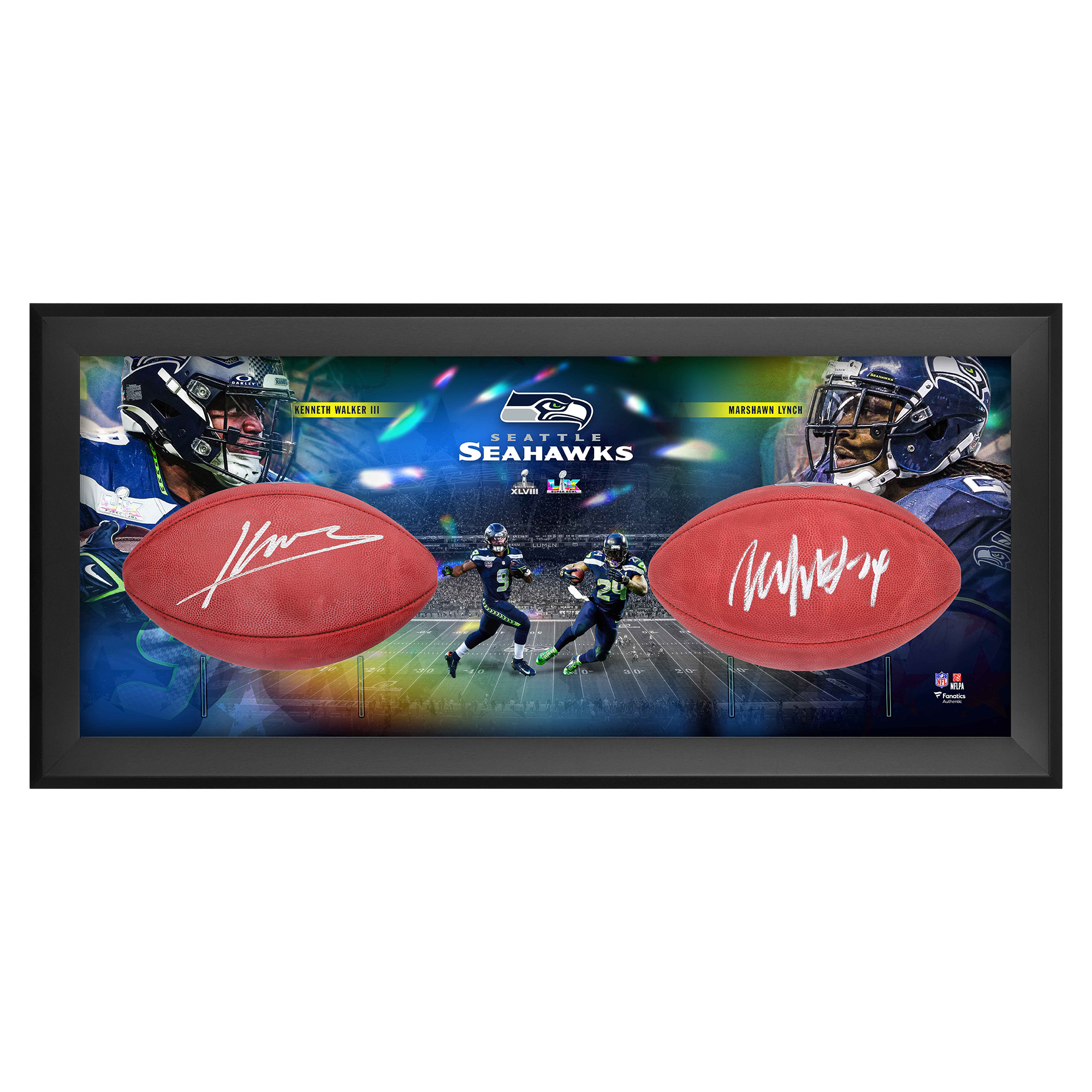 "Kenneth Walker III & Marshawn Lynch, Seattle Seahawks, signierte Super Bowl LX & XLVIII Champions Two Football Shadowbox" Image