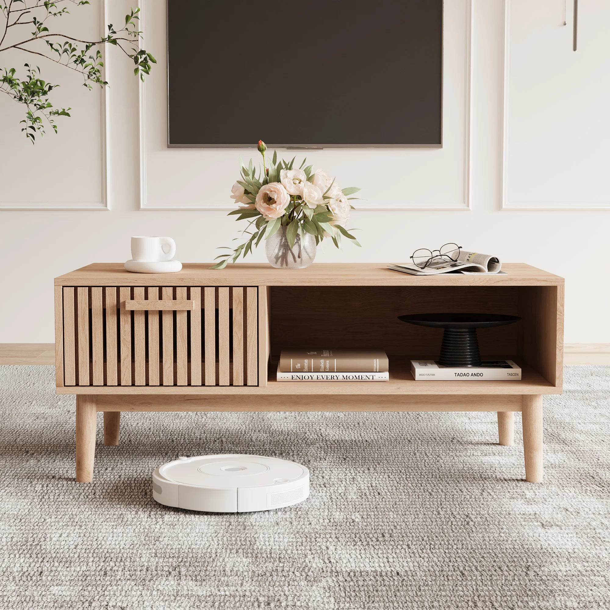 Meuble TV en bois Comanlai avec étagères ouvertes et tiroir, meuble TV 100 cm, table d'appoint pour salon, chambre, bureau, meuble TV bas