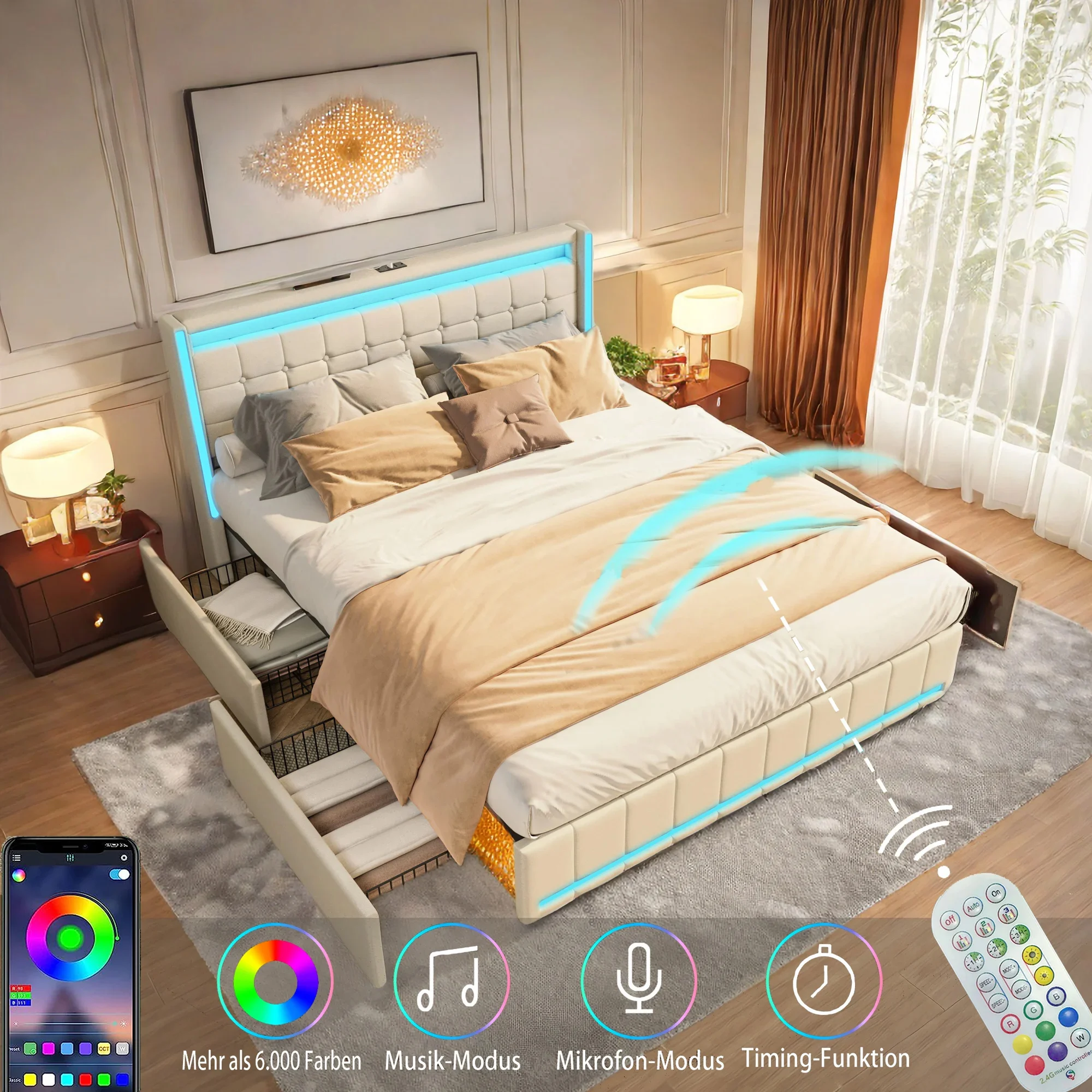 Superaly 140/160x200cm Polsterbett mit 4 Schubladen, Doppelbettgestell mit USB-Ladefunktion, LED-Stauraumbett, Leinenstoff, Beige Image