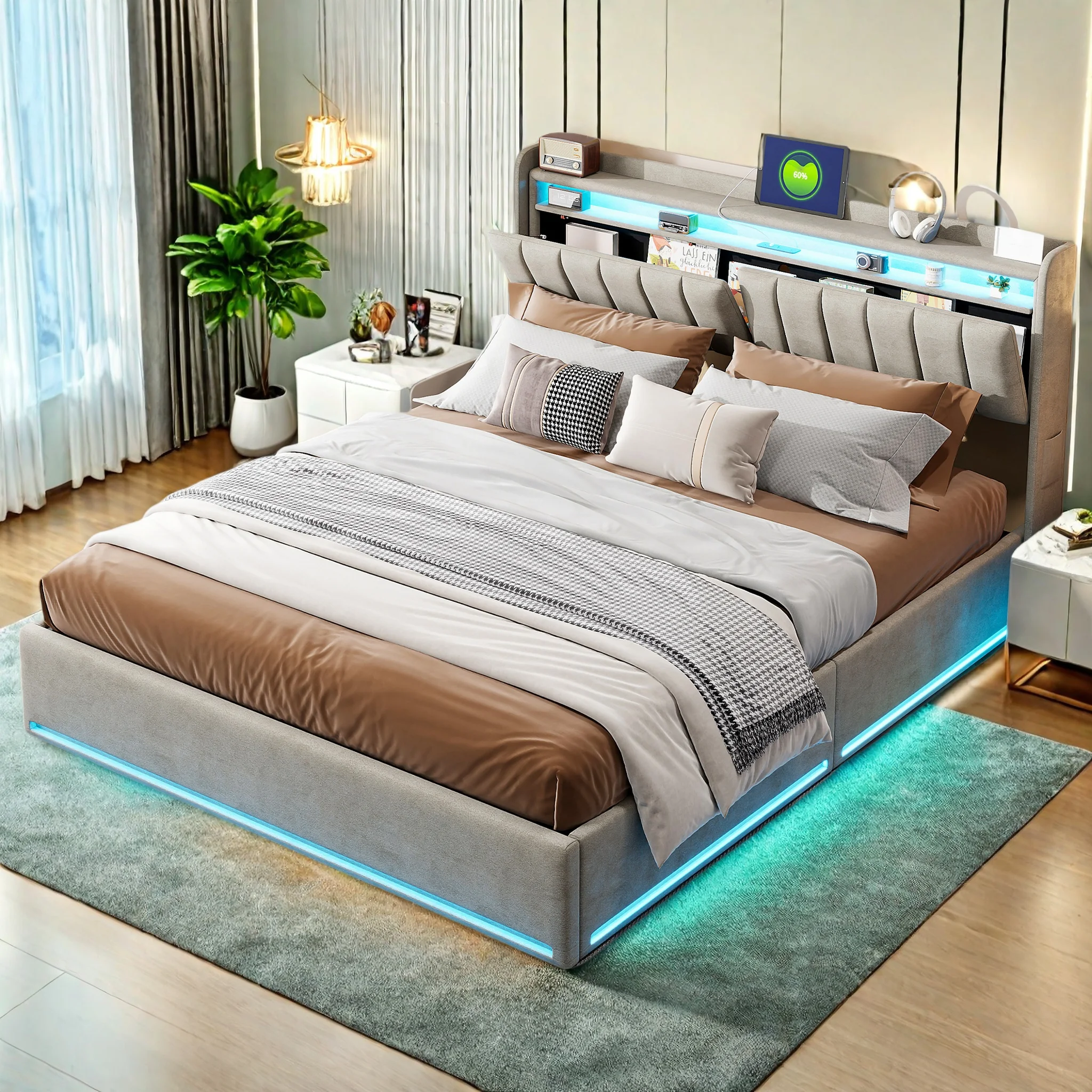Bett 160x200 mit Bettkasten und Lattenrost, Staufach-Kopfteil mit LED und USB Ladestation, Stauraumbett Funktionsbett und Samt