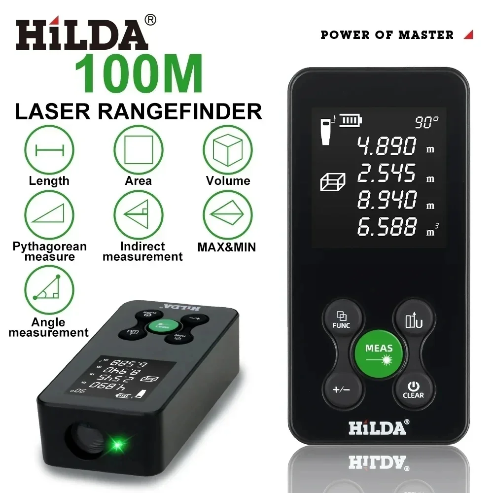 HILDA 50/100/120M Laser-Entfernungsmesser, rotes/grünes Licht, Laser-Entfernung, digitales Klebeband, wiederaufladbar und messbarer Winkel, Lasermaß Image