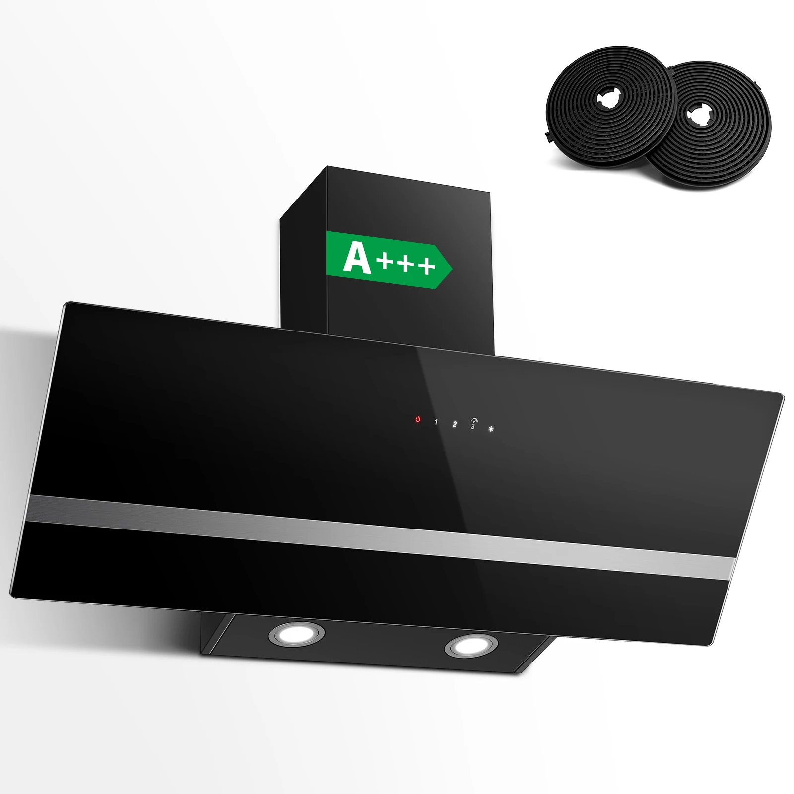 90cm Wandhaube, Energieklasse A++, 400 m³/h, Touch-Steuerung, LED-Beleuchtung, Schwarz Edelstahl/Glas, Leise 58 dB ‌ Image