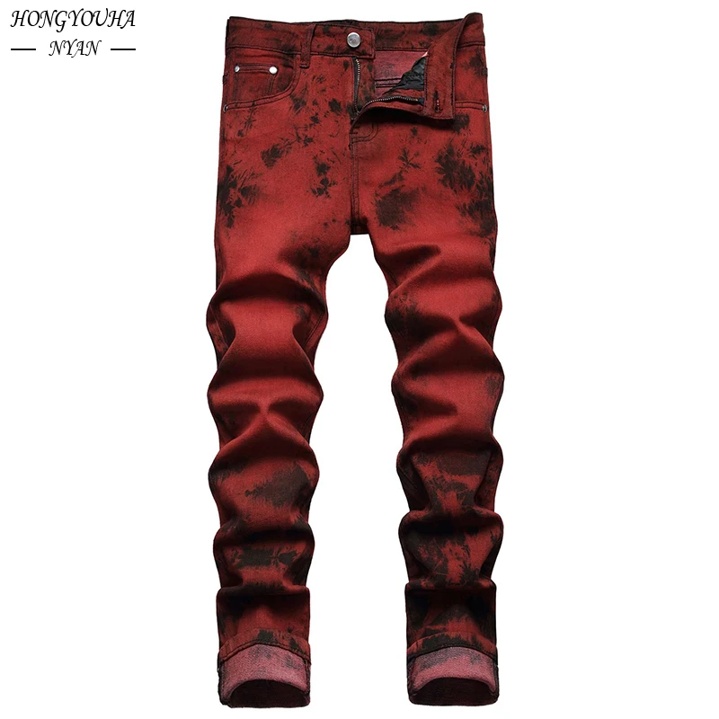 Hohe Qualität Streetwear Mann Hosen Tie Dye Jeans Ziegel Rot Gerade Slim Fit Jeans Männlichen Mode Stretch Hose Jeans für männer