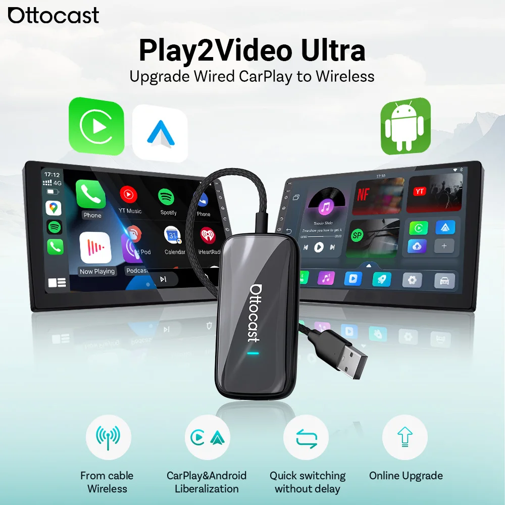 OTTOCAST Play2Video Ultra Kabelloses CarPlay & Android Auto AI-Box mit Integriertem YouTube Netflix IPTV Plug & Play Carplay WiFi6 Box Image