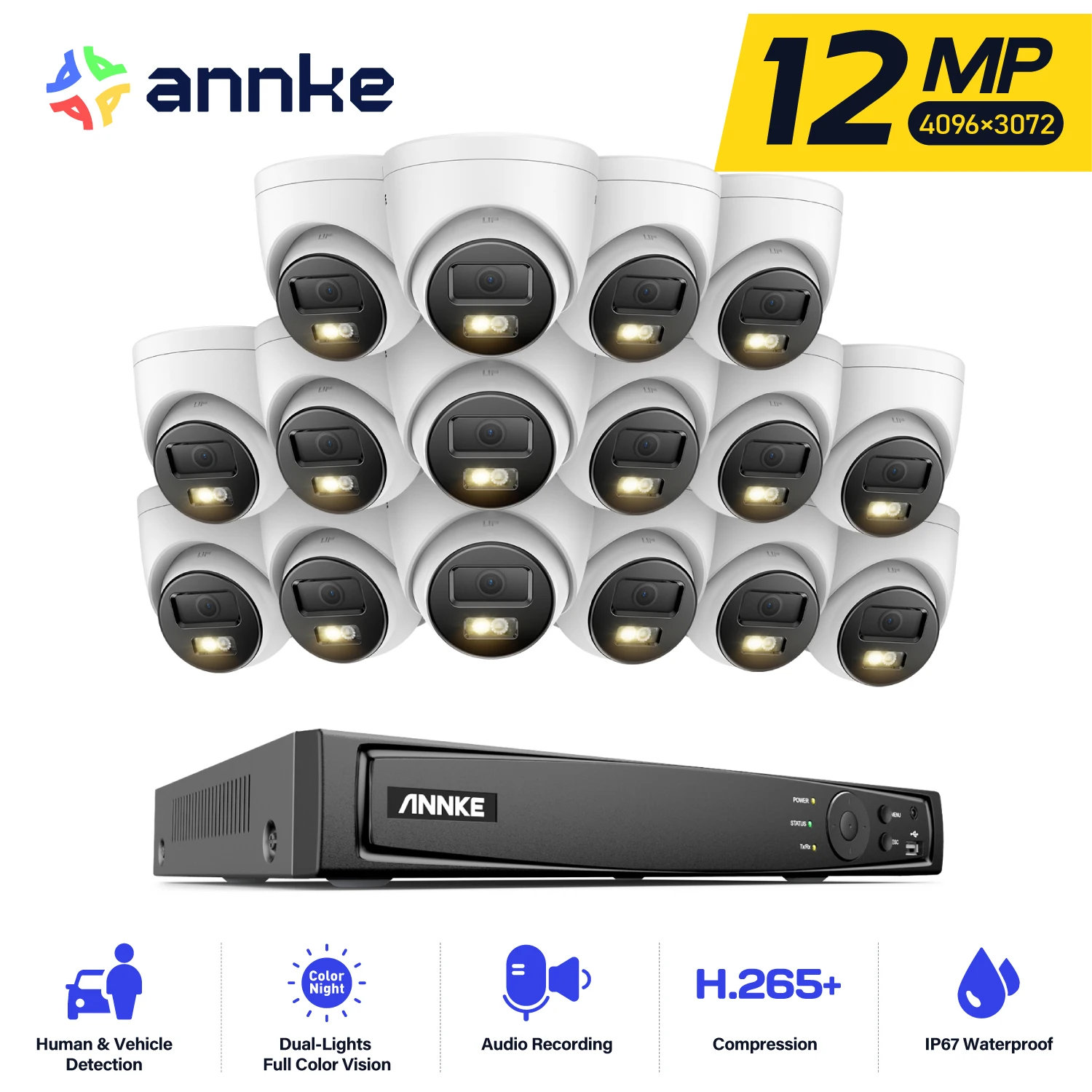 ANNKE 16-Kanal 12MP PoE Sicherheitskamerasystem 12/16 Stück H.265+ Kabelgebundene 8MP IP-Kameras Farbnachtsicht PoE NVR für 24/7 Aufnahme Image
