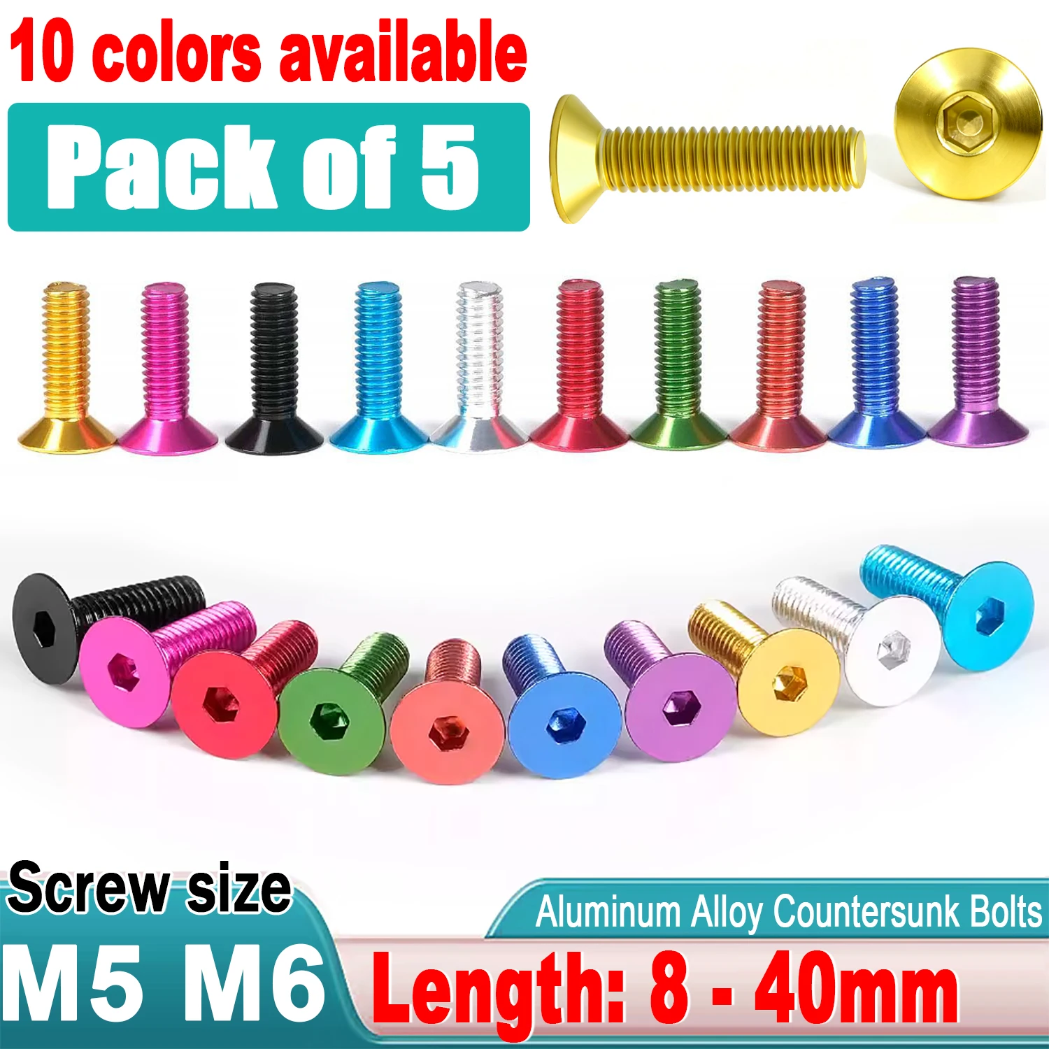 5 Stück M5 M6 bunte Aluminium-Inbusschraube L = 16–40 mm flache Sechskant-Innensechskant-Senkkopfschraube Bolzen eloxierte Farbe RC-Modelle Image