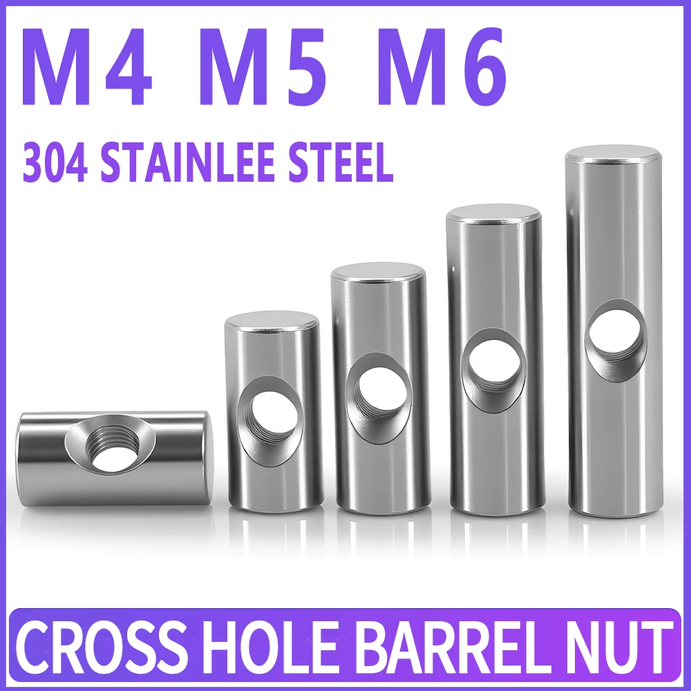 Kreuzloch-Zylindermutter aus Edelstahl 304, M4, M5, M6, zylindrischer Stift, Dübel, Holzmöbel-Zubehör, eingebettete lange Muttern mit Verriegelung