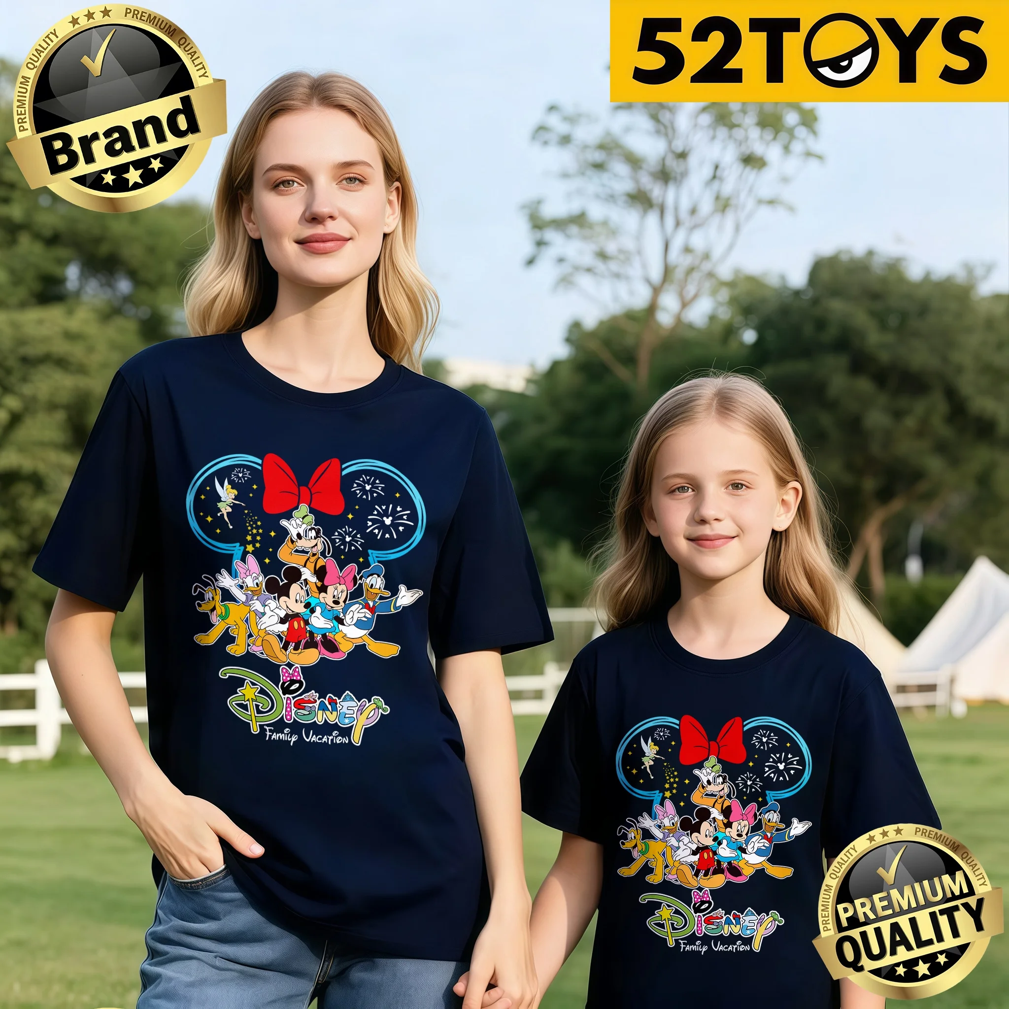 2026 Sommer Neuer Stil Baumwoll-T-Shirt für Kinder mit „Disney Family Vacation“ Minnie Bow-Tie und Freunde Aufdruck (Einzelstück) Image