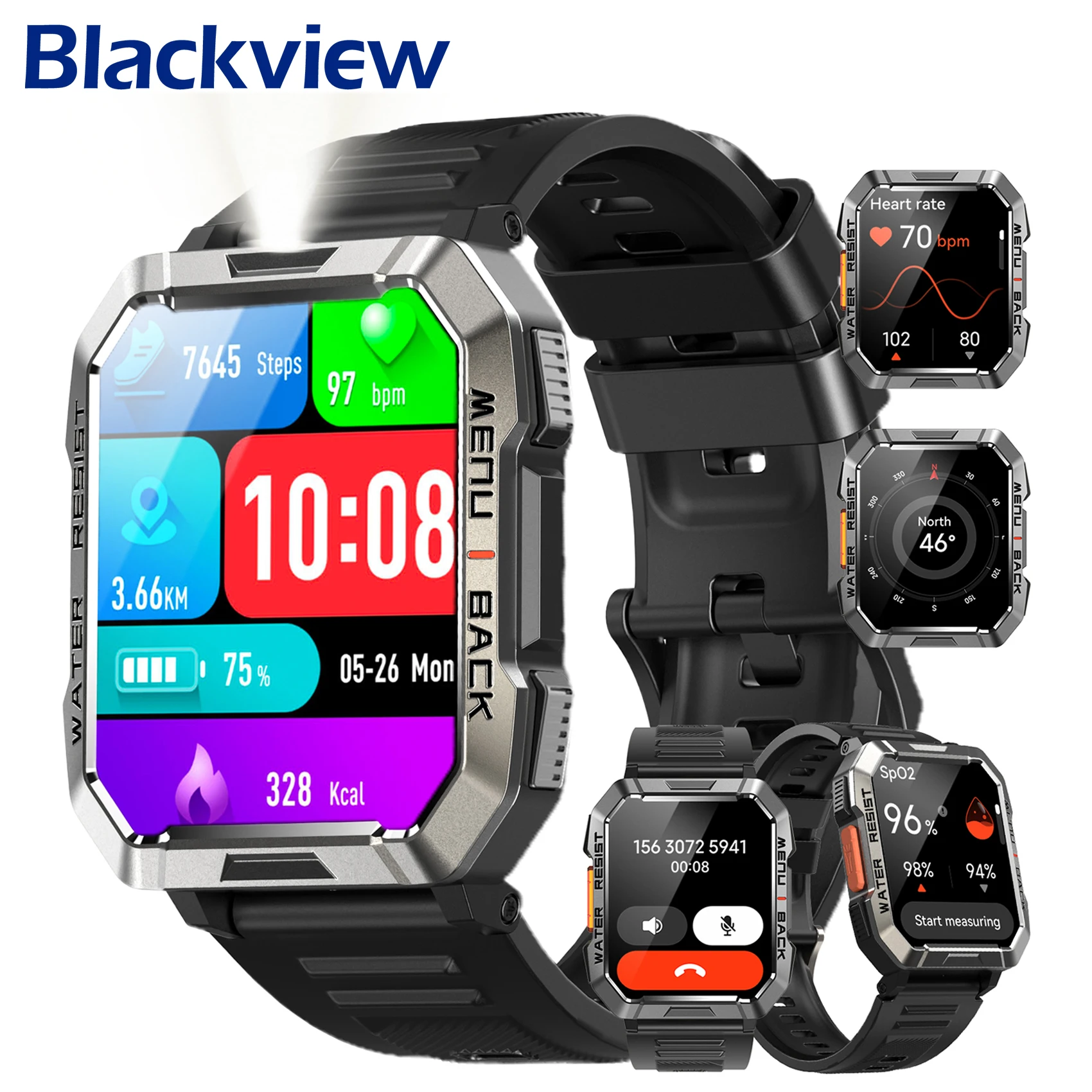 Blackview W60 wasserdichte Smartwatch mit Notbeleuchtung, 2,01 Zoll Bildschirm, 900 mAh, großer Akku, BT Outdoor-Sportuhren für Herren Image