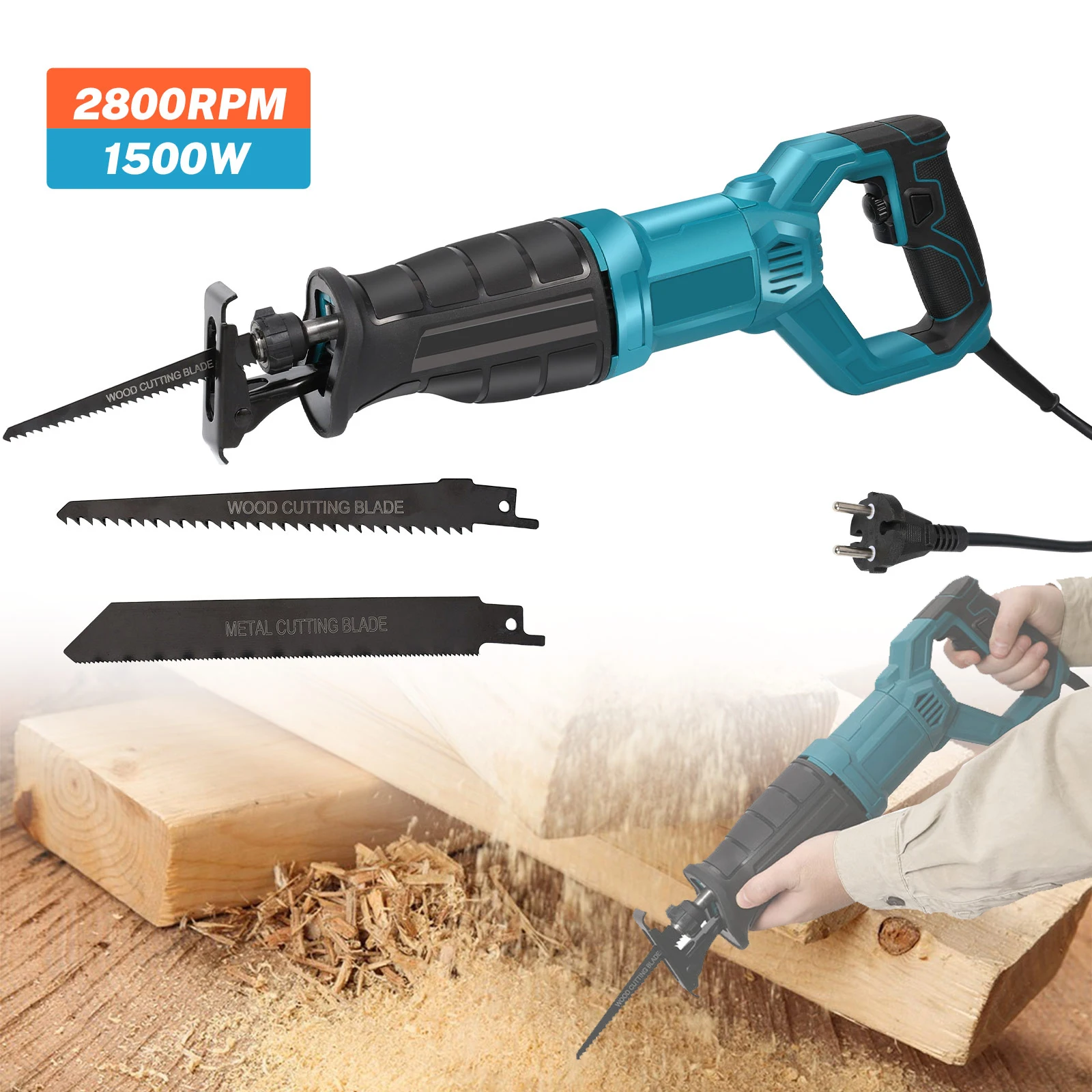 Leistungsstarke Säbelsäge, 1500 W, 240 V, variable Geschwindigkeit, elektrische Mais-Säbelsäge mit Werkzeug, weniger Klingenwechsel, Feststellknopf und 2 Sägeblätter Image