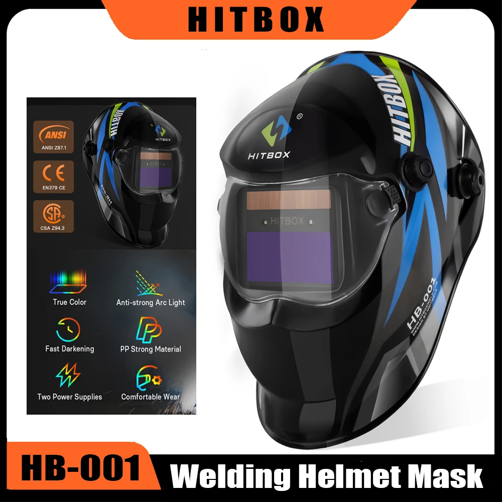 HITBOX Automatisch Verdunkelnder Schweißhelm für CUT MIG TIG ARC Schweißgeräte Echtfarben Schnell Verdunkelnder DIN 9-13 Großansicht-Helm Image