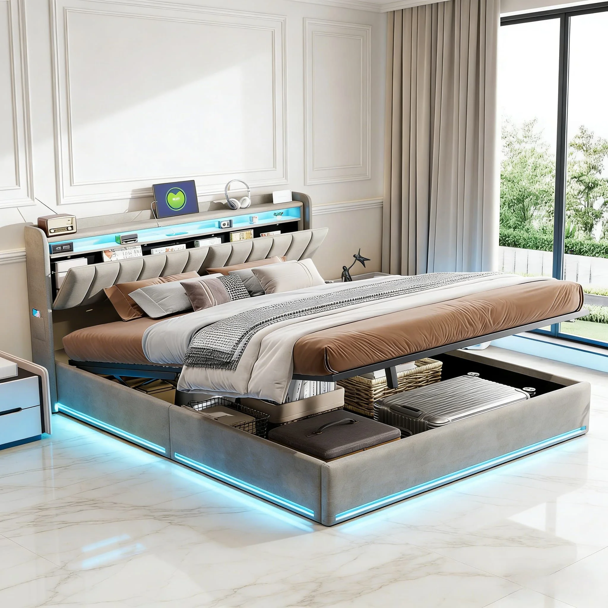 MGMYM Betttruhe 140x200 x/160x cm grauer Samt LED RGB, Bettkopfteil mit Stauraum und USB-C-Anschlüssen, Erwachsenenbett Image