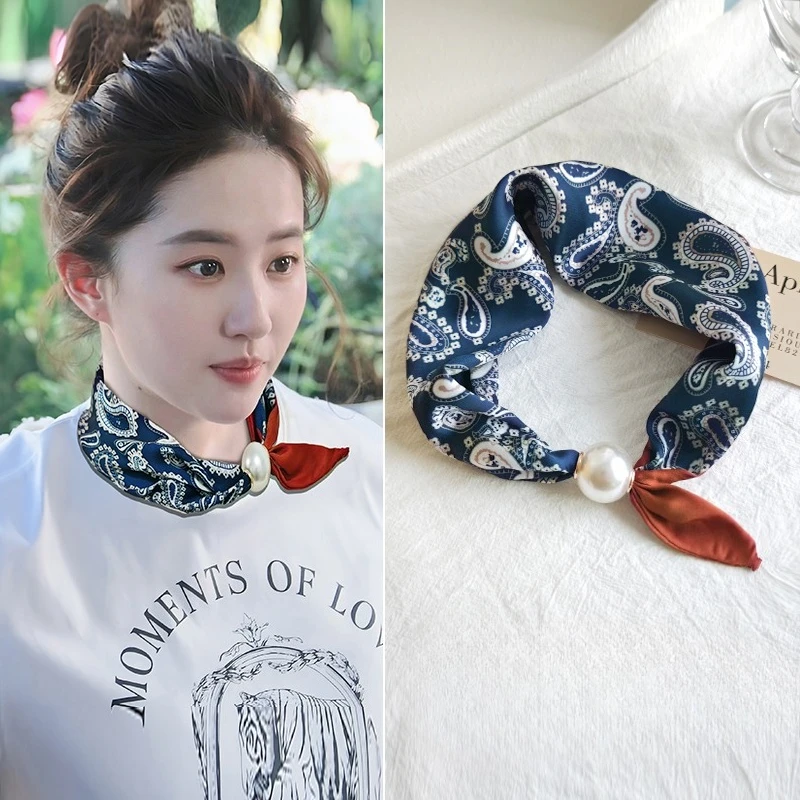 Frühling Sommer Dünne Perle Seide Schals Magnetische Schnalle Faul Schal Frauen Mädchen Süße Elegante Anhänger Schlüsselbein Kette Neck Schal Image