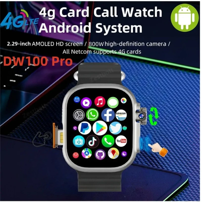 Neu für DW100 4G Android Smartwatch Global Call Fingerabdruck Entsperren 4G SIM Karte 229 Zoll AMOLED Video Chat WIFI GPS App herunterladen Image