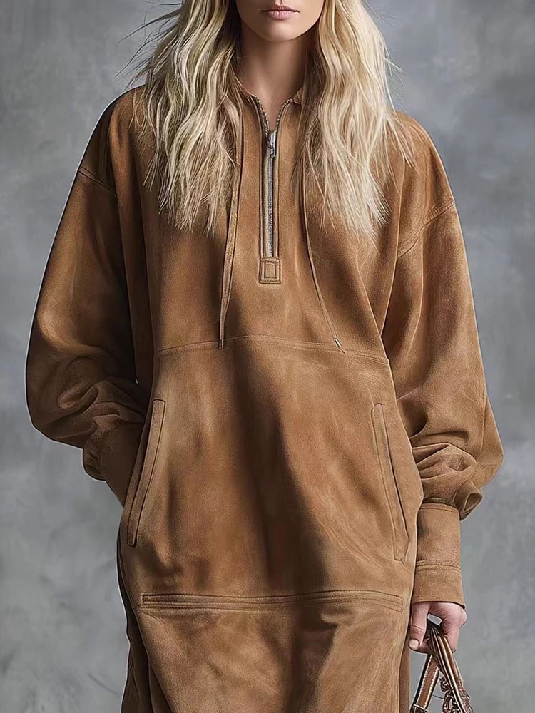 Frauen Elegante Quaste Wildleder Braun Langes Kleid Revers Langarm Seitentaschen Mode Vintage Maxi Kleid Für Weibliche Frühling Kleider