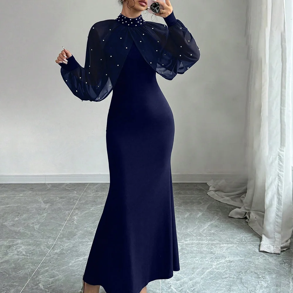 Elegante Frauen bestickte Perlen Stehkragen Etuikleid Herbst Langarm lange Kleider Flares Stretch Slim Maxikleid Image