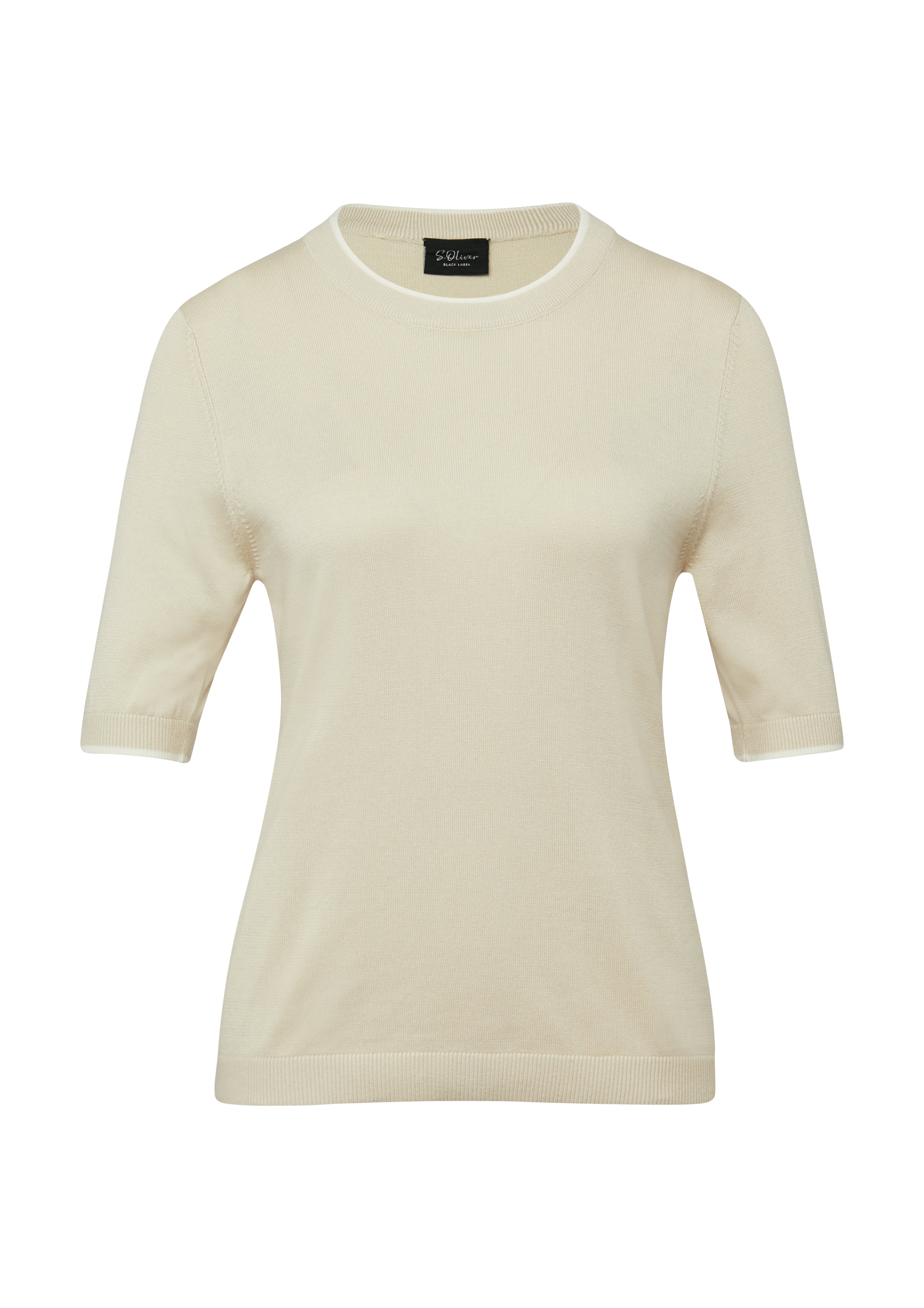 Rundhalspullover S.OLIVER BLACK LABEL, Damen, Gr. 36, grau beige, Strick, Obermaterial: 50% Baumwolle, 50% Modal, unifarben, regular fit normal, Rundhals, Rippbündchen, Pullover Rundhalspullover, mit Rippbündchen