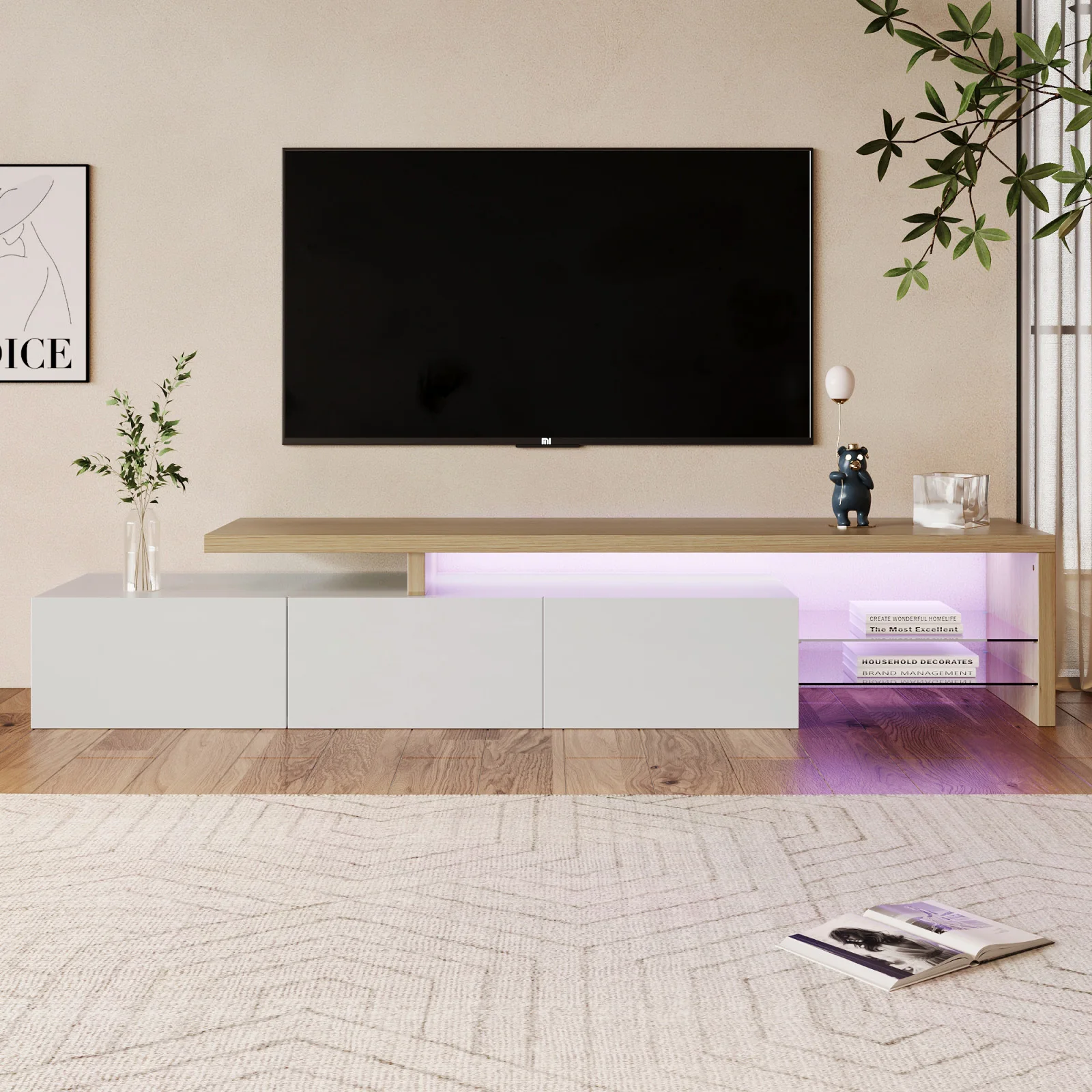 Meuble TV Anajqaqia 200 cm, Meuble TV moderne avec éclairage LED, Meuble TV bas brillant, Meuble de rangement pour salon, Blanc