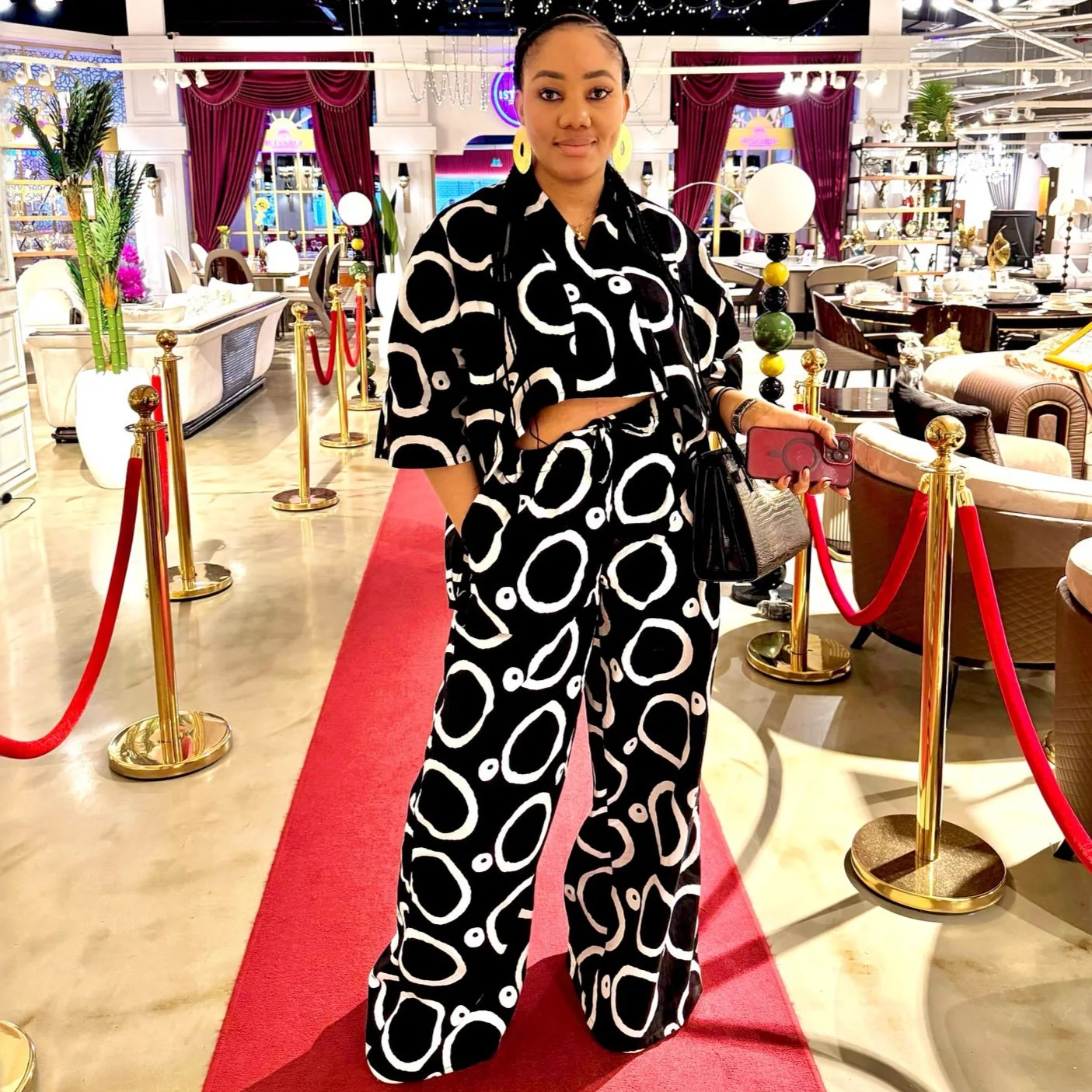 Set di pantaloni Set da due pezzi da donna Colletto rovesciato Set coordinati Top con stampa Pantaloni lunghi a gamba larga Vita alta Y2k Streetwear Casual