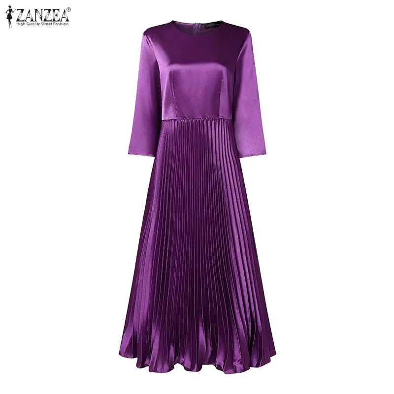 Elegante Damen-Abendkleider aus Satin und Seide, O-Ausschnitt, 3/4-Ärmel, figurbetontes, plissiertes Kleid, ZANZEA, einfarbig, lange Robe für Damen