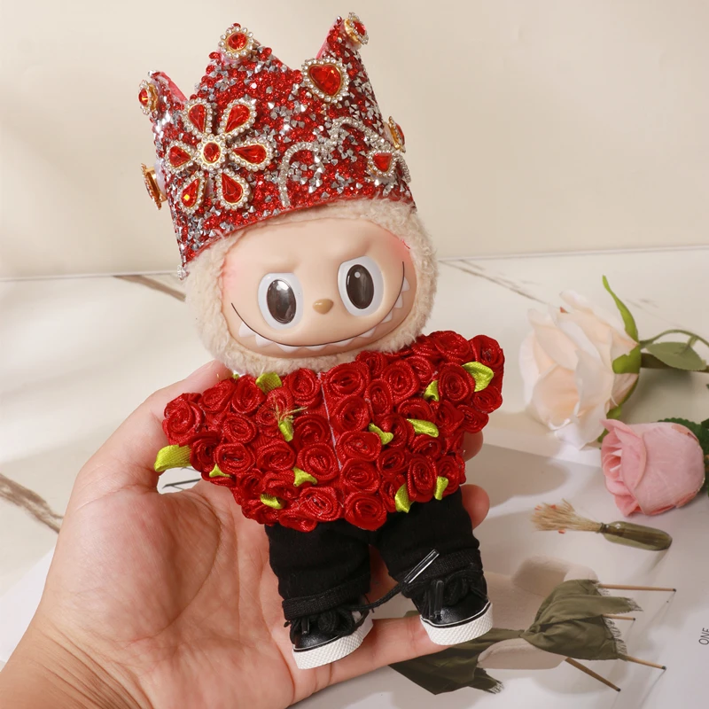 15/17 cm Puppe Für Labubu Kleidung Gd Konzert Gleiche Labubu Mini Puppe Kleidung Rose Jacke Krone Set Outfit zubehör Korea Kpop