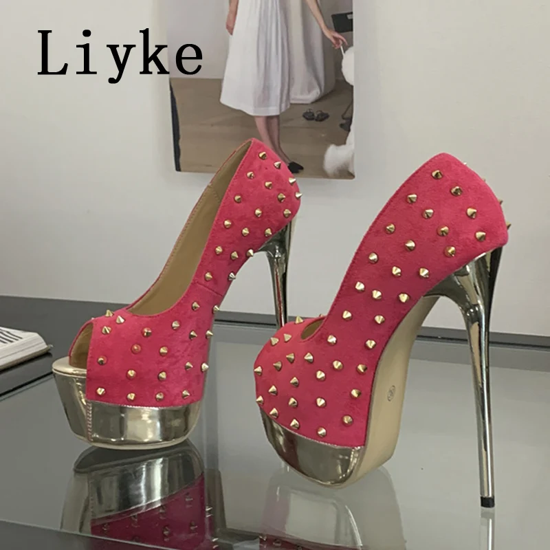 Liyke Mode Design Metall Nieten Plattform High Heels Stiletto Frauen Pumpen Sexy Peep Toe Party Club Stripper Schuhe Größe 35-42