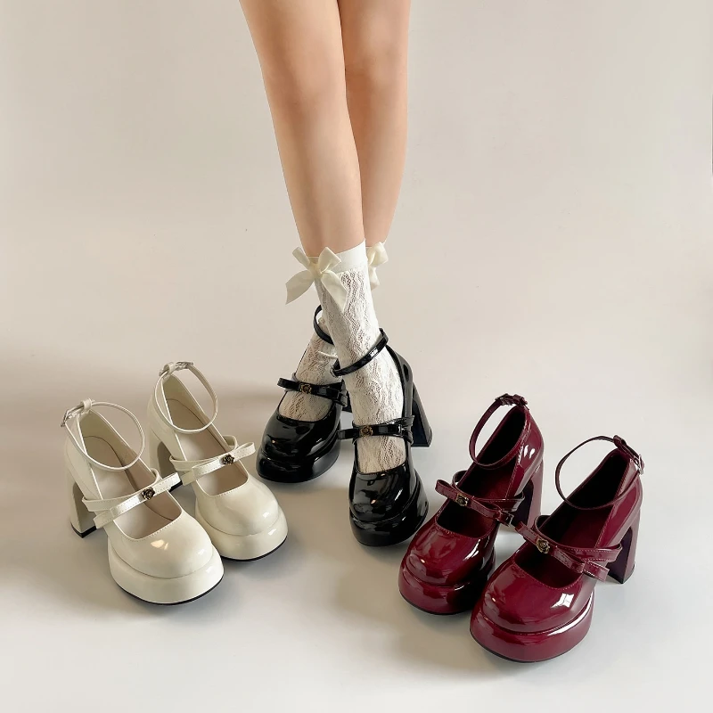 Damen-Mary-Jane-Schuhe mit Schmetterlingsknoten und dickem Absatz, prägnante Plateauschuhe, Frühlings-Lolita-Stil-Partykleid-Lederschuhe für Damen