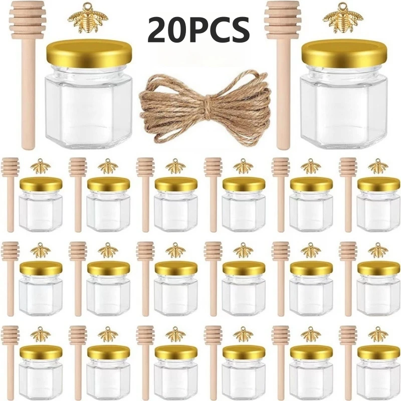 45 ml sechseckiges Mini-Honigglas aus Glas mit Holzschöpflöffel, Bienenanhängern und Jutes, Joghurt-Pudding-Glasflasche, geeignet für Partygeschenke Image