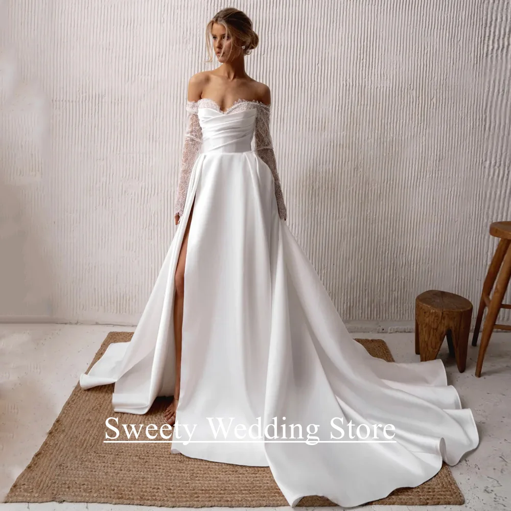 Charmantes Hochzeitskleid, Vestidos De Novia, maßgeschneidert, herzförmig, volle Ärmel, Perlenstickerei, Spitze, Falten, geteilt, Hofzug, Brautkleid Image