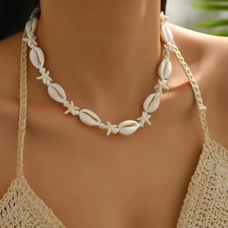 Böhmische Muschelkette, Schlüsselbein-Halskette, modische Perlen, mehrschichtige Seestern-Halskette, Sommer-Sexy-Strandschmuck, Geschenke, Kısleloos Image